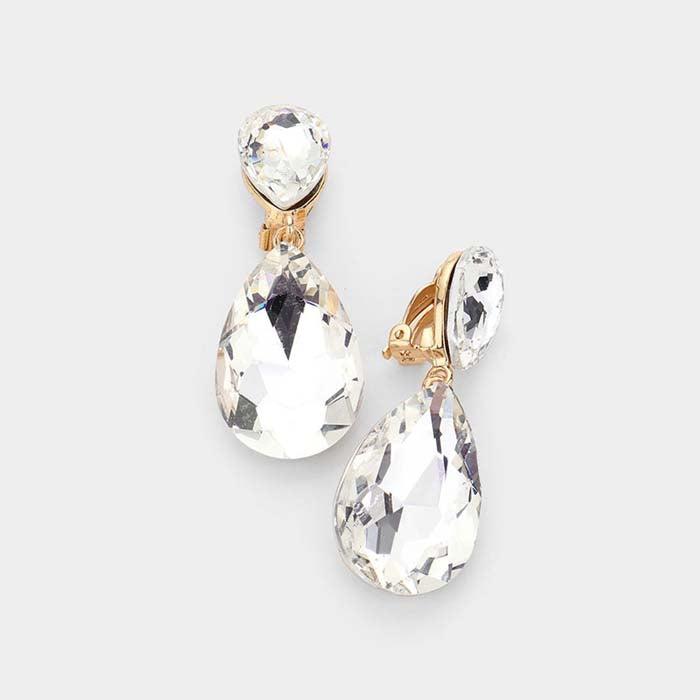 Crystal Clear Double Teardrop Clip On Evening Earrings