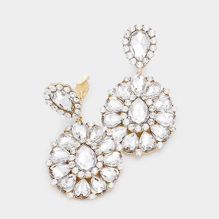 Crystal Clear Teardrop Cluster Statement Clip on Earrings