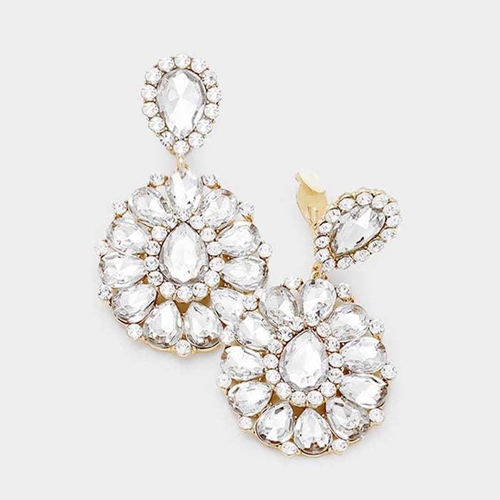 Crystal Clear Teardrop Cluster Statement Clip on Earrings