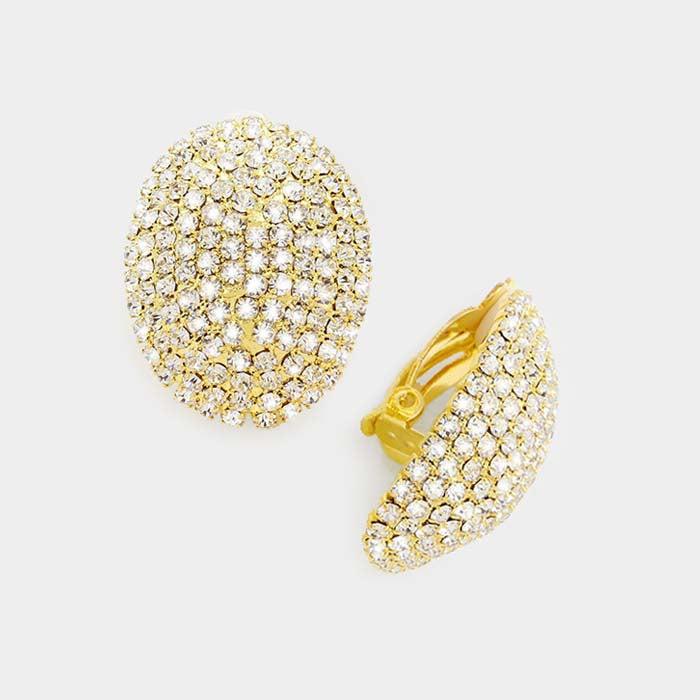 Crystal Clear Teardrop Dome Gold Clip On Earrings