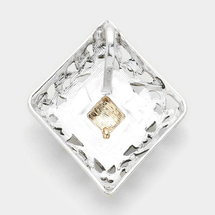 Crystal Detail Two Tone Metal Filigree Pendant Earring Set