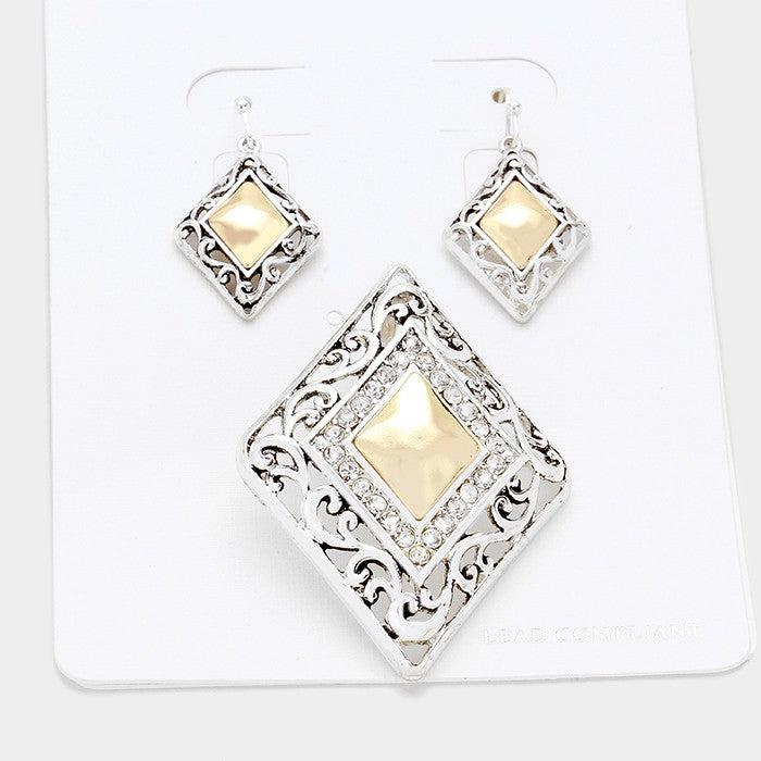 Crystal Detail Two Tone Metal Filigree Pendant Earring Set