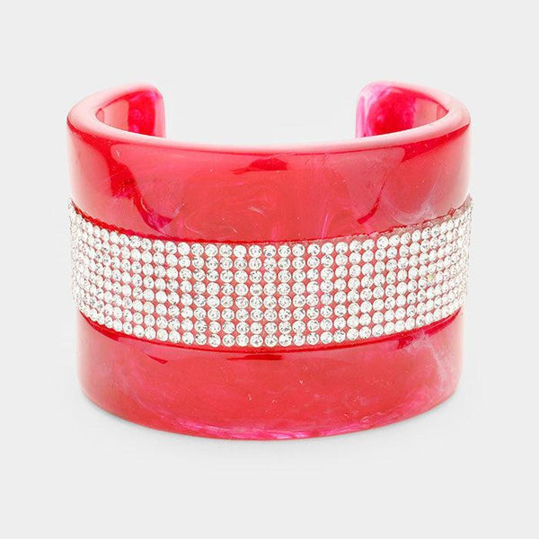 Crystal Embellished Red Acetate Cuff Bracelet