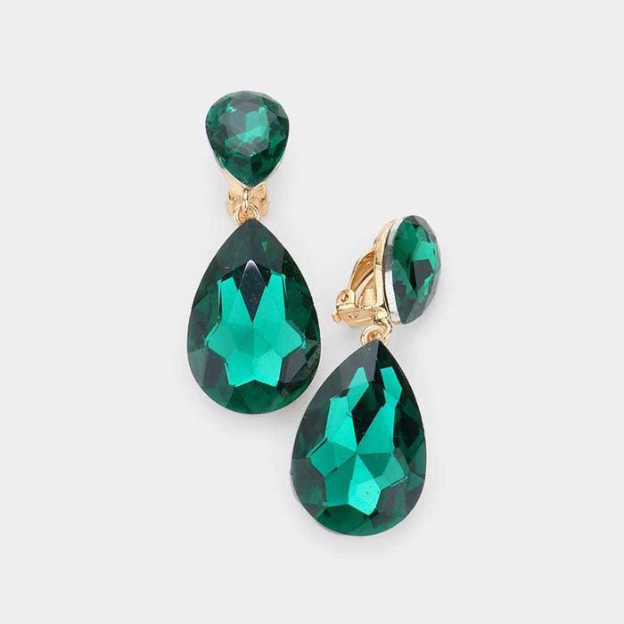 Crystal Emerald Green Double Teardrop Clip On Evening Earrings