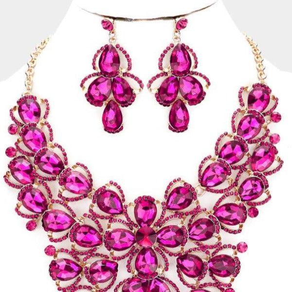 Crystal Fuchsia Vine Statement Evening Necklace Set