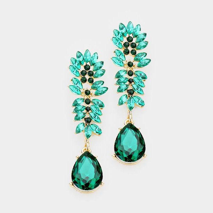 Crystal Green Cluster Teardrop Evening Earrings