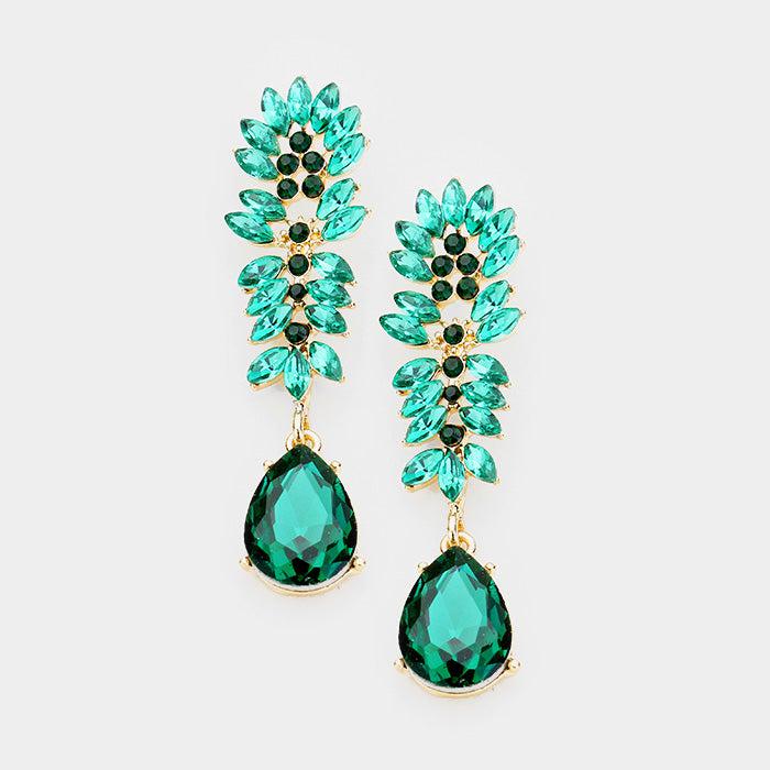 Crystal Green Cluster Teardrop Evening Earrings