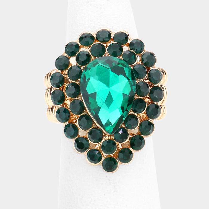 Crystal Green Teardrop Centered Bubble Cluster Stretch Ring