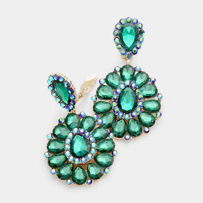 Crystal Green Teardrop Cluster Statement Clip on Earrings