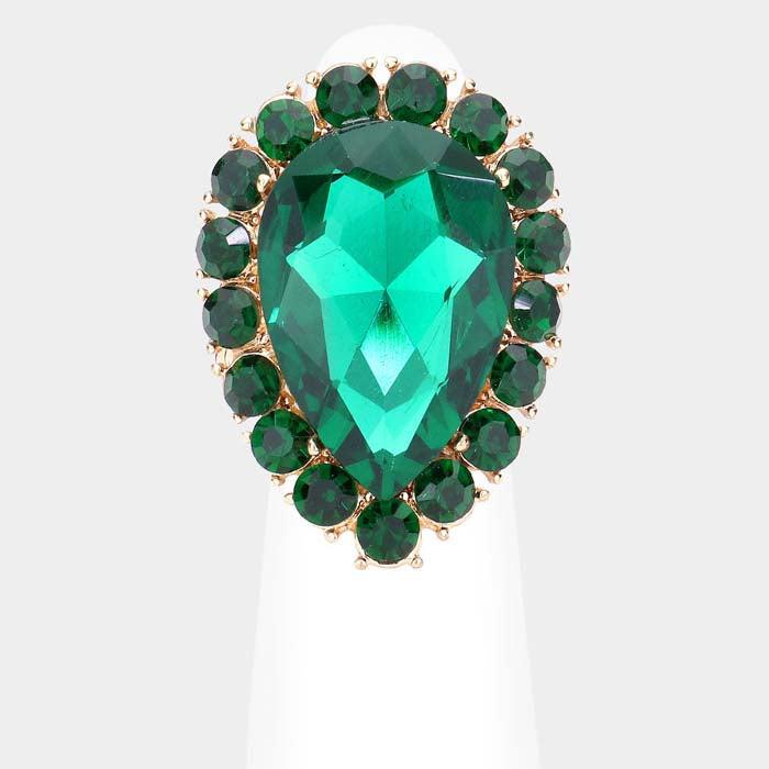 Crystal Green Teardrop Stretch Gold Cocktail Ring