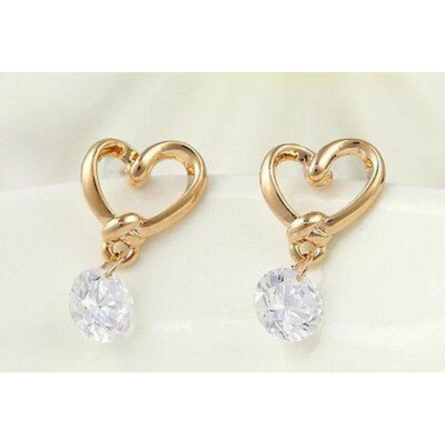 Crystal Heart Gold Dangle Earrings-Earring-SPARKLE ARMAND