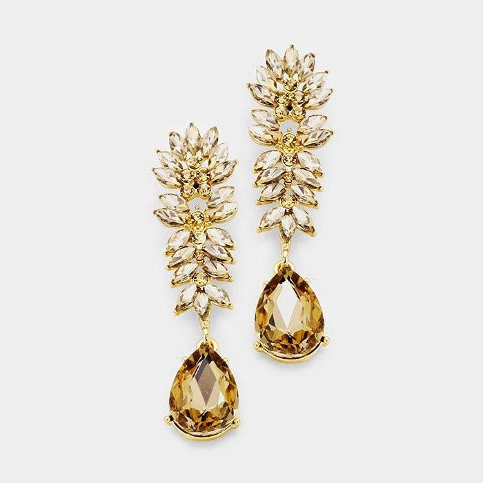 Crystal Lt Colored Topaz Cluster Teardrop Evening Earrings