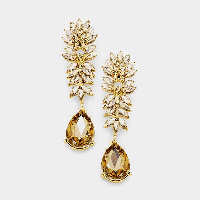 Crystal Lt Colored Topaz Cluster Teardrop Evening Earrings