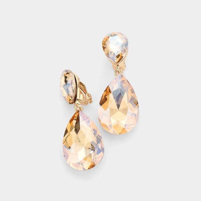 Crystal Lt Topaz Double Teardrop Clip On Evening Earrings