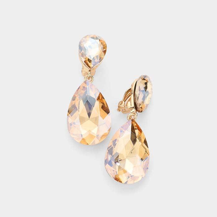 Crystal Lt Topaz Double Teardrop Clip On Evening Earrings