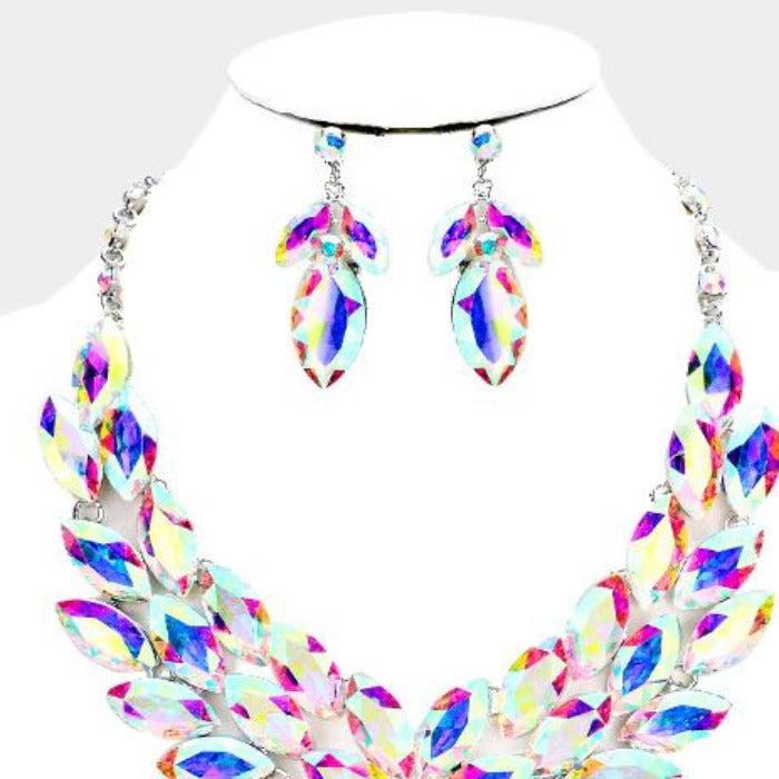 Crystal Marquise Abalone Cluster Vine Silver Necklace Set