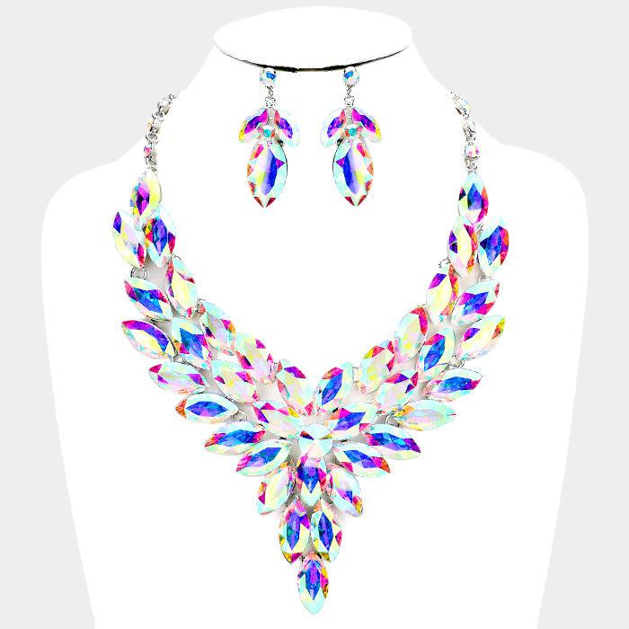 Crystal Marquise Abalone Cluster Vine Silver Necklace Set