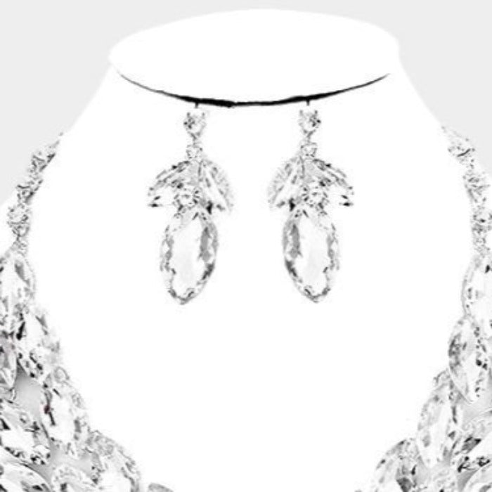 Crystal Marquise Clear Cluster Vine Silver Necklace Set