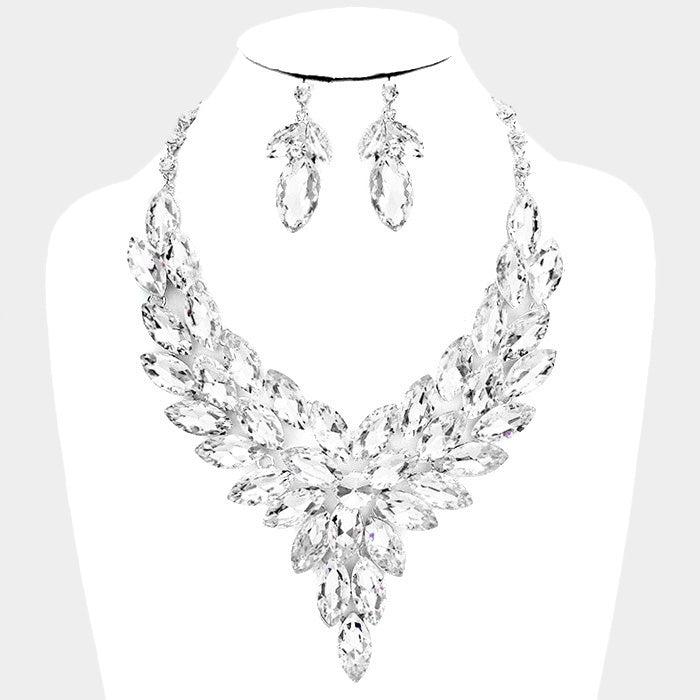 Crystal Marquise Clear Cluster Vine Silver Necklace Set
