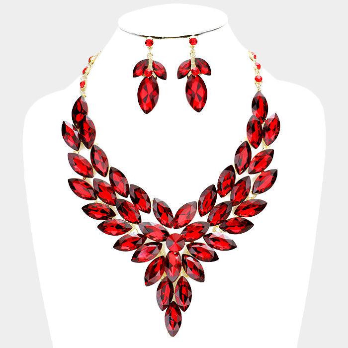 Crystal Marquise Red Cluster Vine Necklace Set