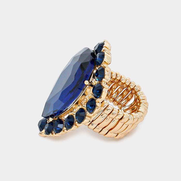 Crystal Navy Blue Teardrop Stretch Gold Cocktail Ring