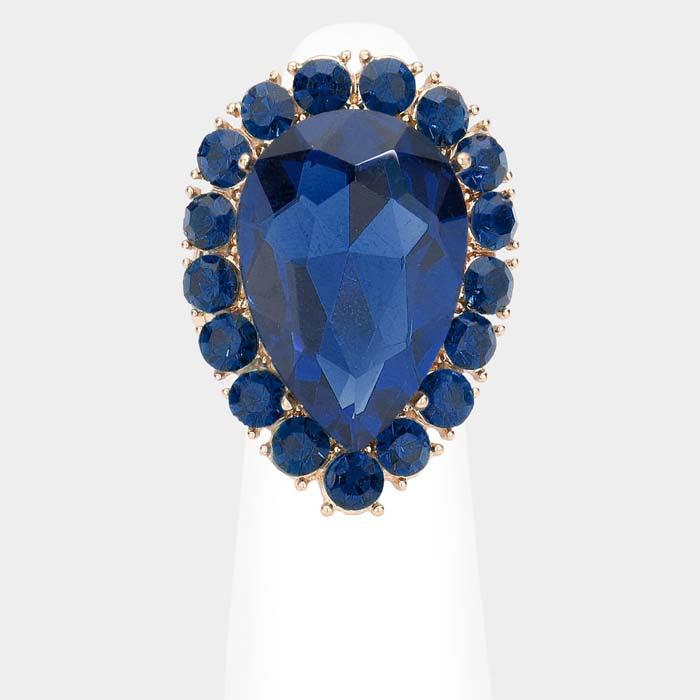 Crystal Navy Blue Teardrop Stretch Gold Cocktail Ring