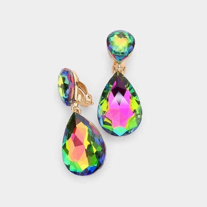 Crystal Oil Spill Double Teardrop Clip On Evening Earrings