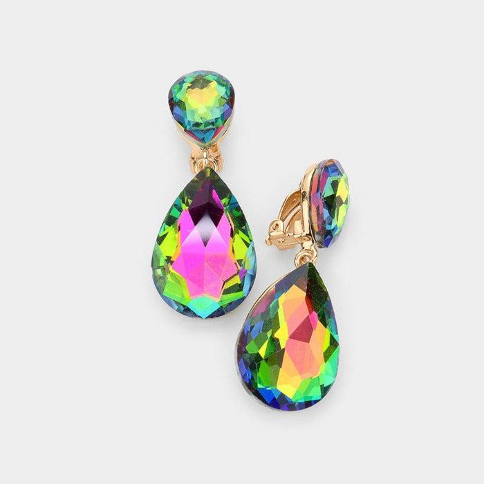 Crystal-Oil-Spill-Double-Teardrop-Clip-On-Evening-Earrings