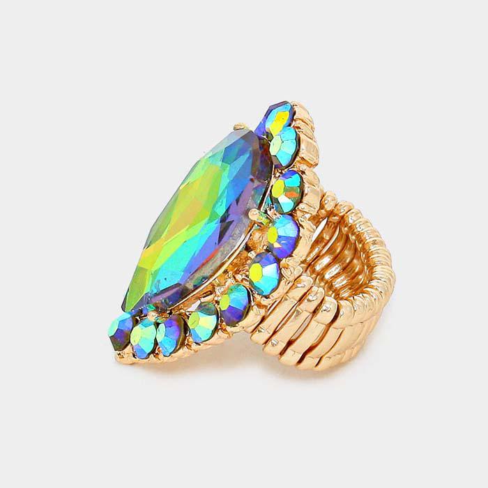 Crystal Oil Spill Teardrop Stretch Gold Cocktail Ring