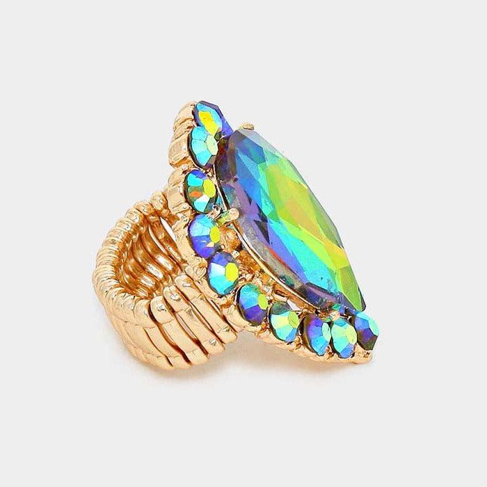 Crystal Oil Spill Teardrop Stretch Gold Cocktail Ring