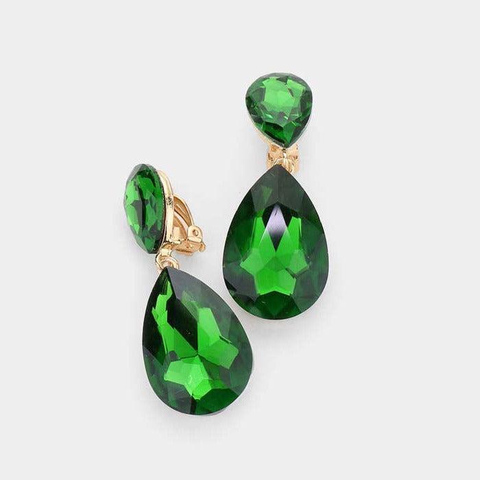 Crystal Olive Green Double Teardrop Clip On Evening Earrings