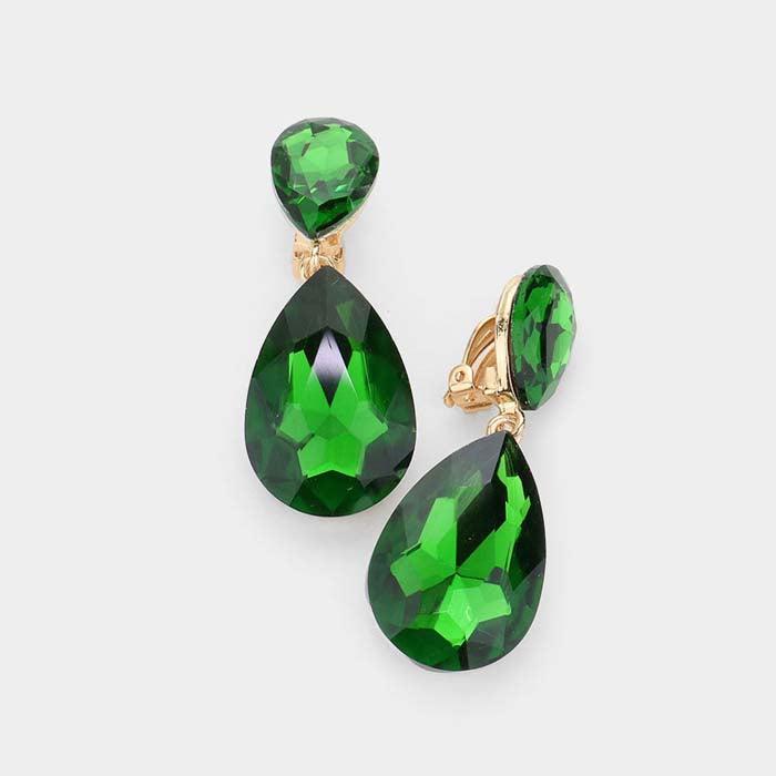 Crystal Olive Green Double Teardrop Clip On Evening Earrings