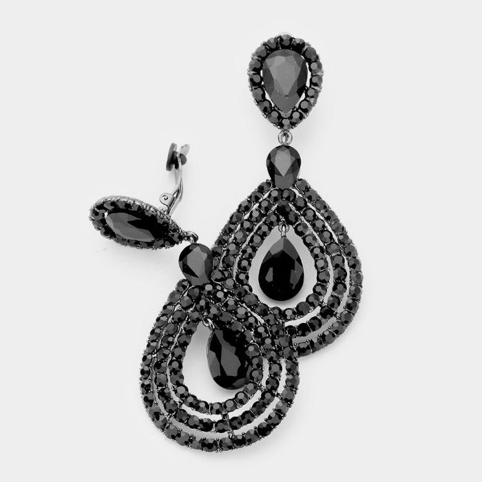 Crystal Pave Trimmed Teardrop Black Clip On Earrings