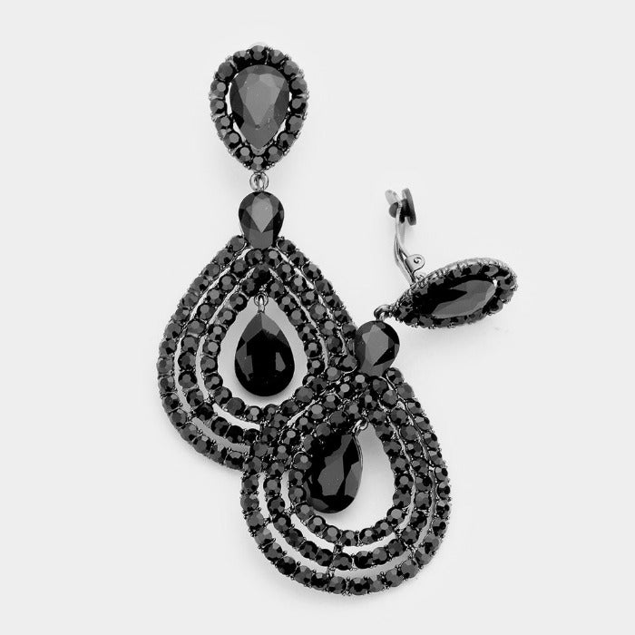 Crystal Pave Trimmed Teardrop Black Clip On Earrings