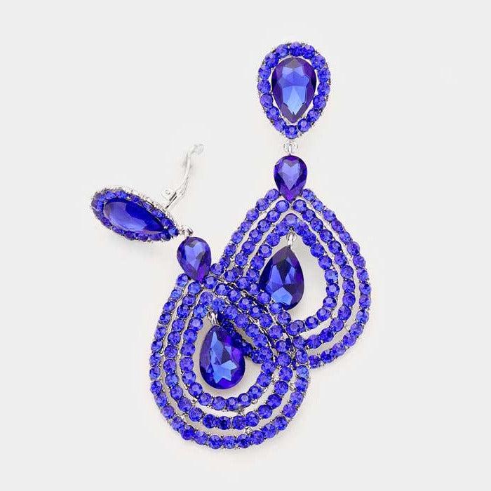 Crystal Pave Trimmed Teardrop Blue Clip On Earrings