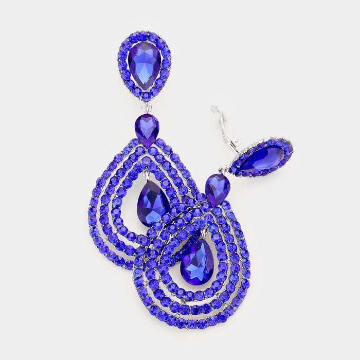 Crystal Pave Trimmed Teardrop Blue Clip On Earrings