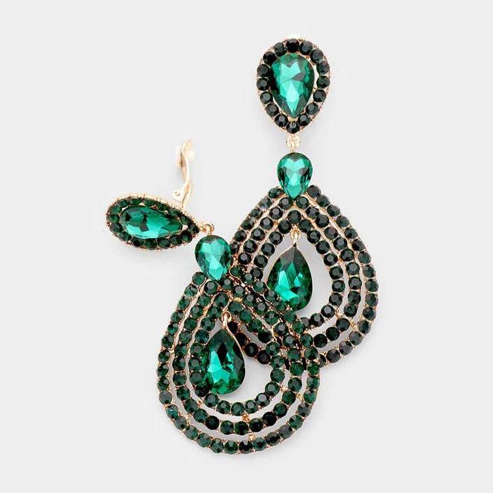 Crystal Pave Trimmed Teardrop Green Clip On Earrings