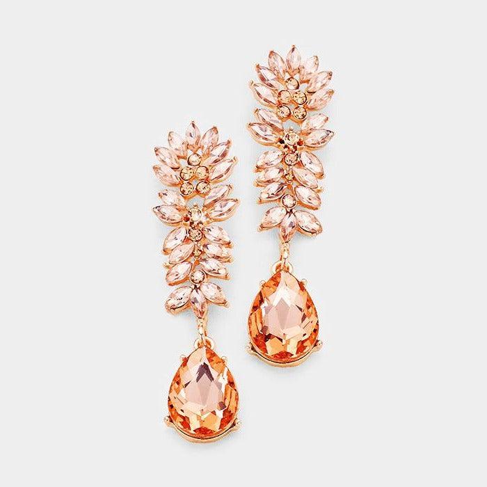 Crystal Peach Cluster Teardrop Evening Earrings