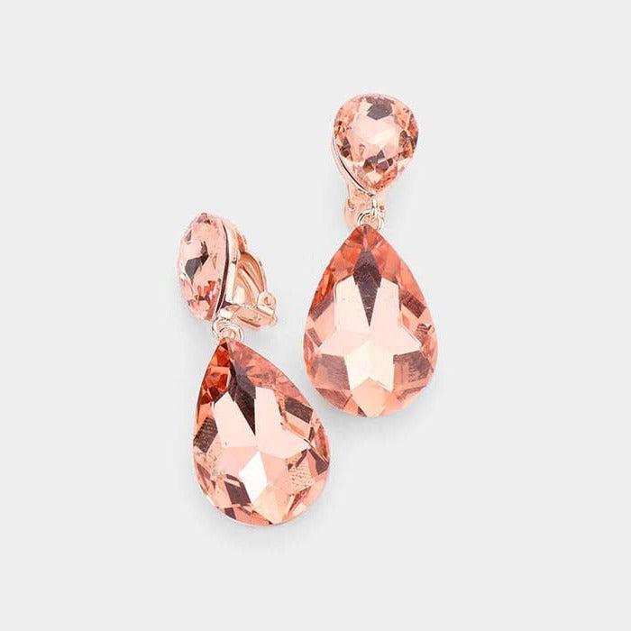 Crystal Peach Double Teardrop Clip On Evening Earrings