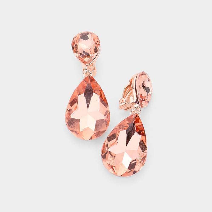 Crystal Peach Double Teardrop Clip On Evening Earrings