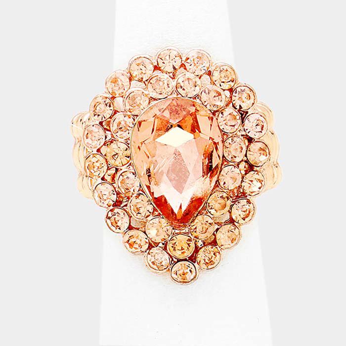 Crystal Peach Teardrop Centered Bubble Cluster Stretch Ring