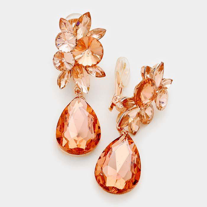 Crystal Peach Teardrop Rose Gold Clip On Earrings