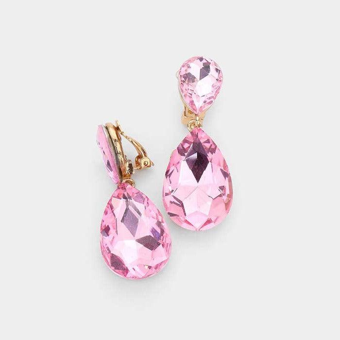 Crystal Pink Double Teardrop Clip On Evening Earrings