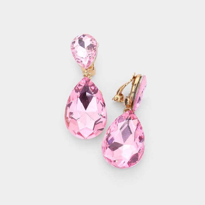 Crystal Pink Double Teardrop Clip On Evening Earrings