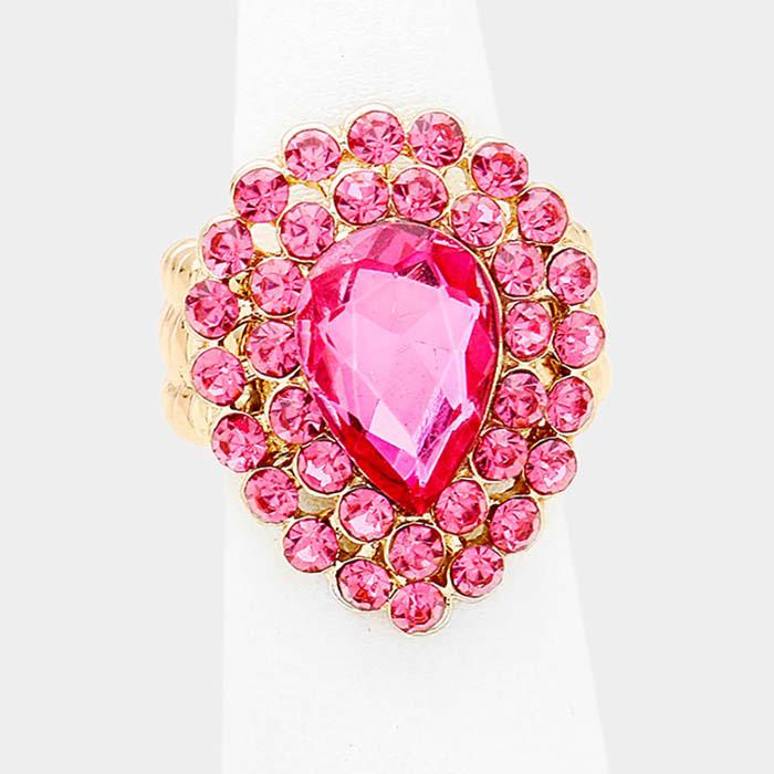 Crystal Pink Teardrop Centered Bubble Cluster Stretch Ring