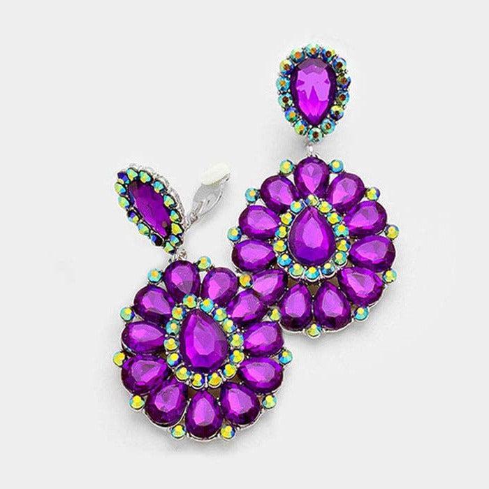 Crystal Purple Teardrop Cluster Statement Clip on Earrings