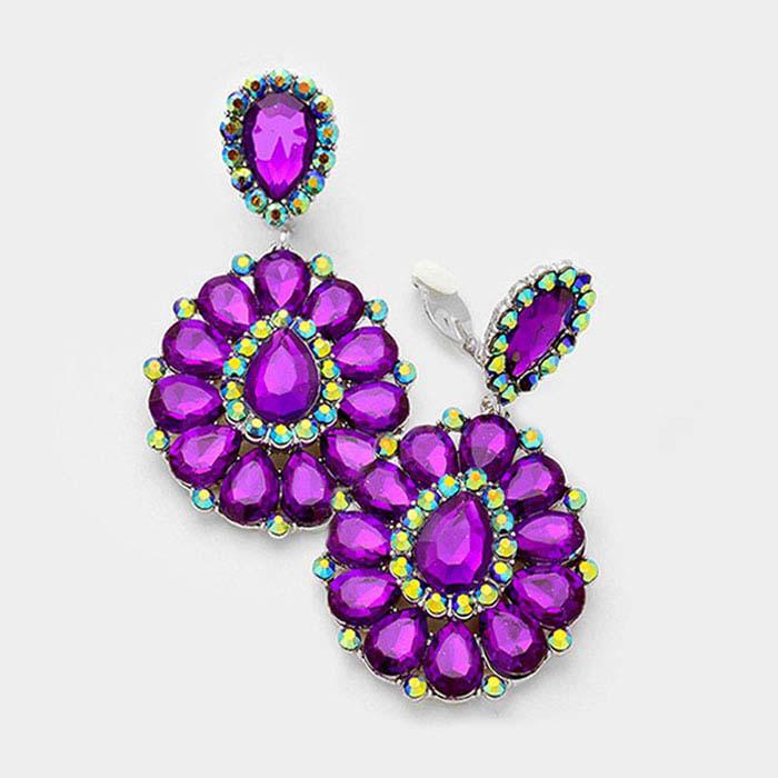 Crystal Purple Teardrop Cluster Statement Clip on Earrings