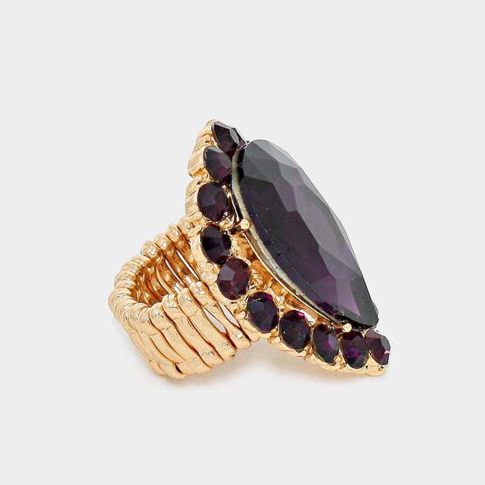 Crystal Purple Teardrop Stretch Gold Cocktail Ring