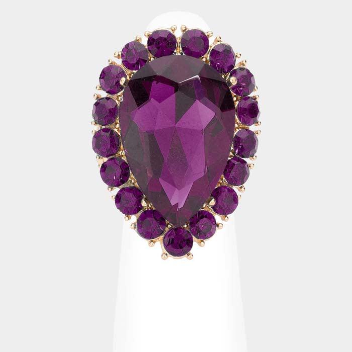 Crystal Purple Teardrop Stretch Gold Cocktail Ring