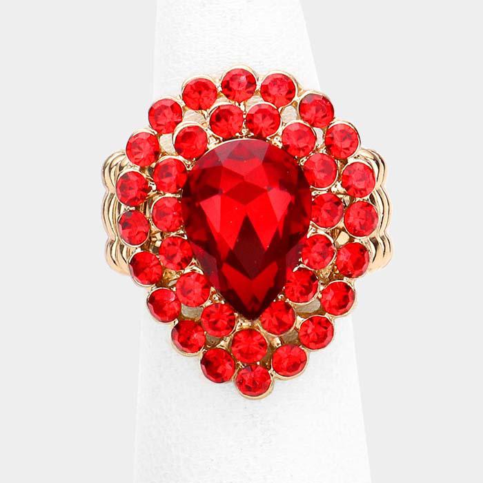 Crystal Red Teardrop Centered Bubble Cluster Stretch Ring
